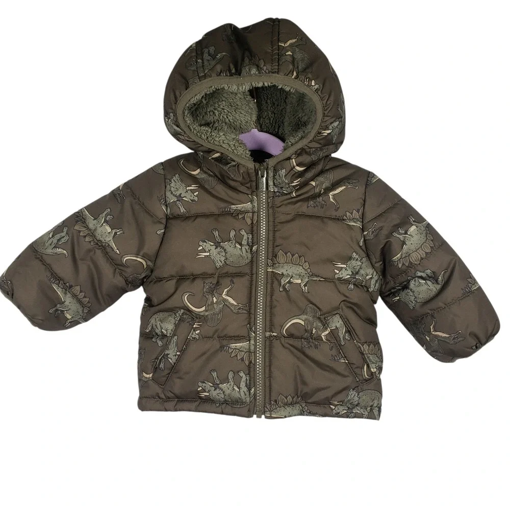 Carter's Dinosaur Puffer Jacket Kids‎ 12M Olive Green Winter Warm Coat